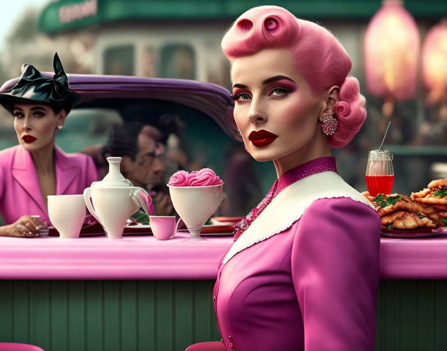 Vintage diner scene with women in pink dress and hairdo, mid-20th-century aesthetic