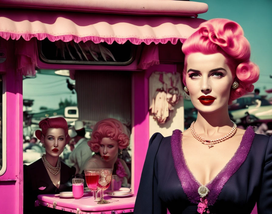 Vintage photo of woman with pink hair at retro diner for surreal effect