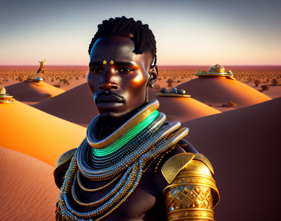 Stylized 3D illustration of a man in ornate jewelry with desert backdrop