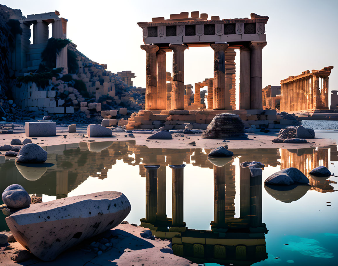 Ancient Greek ruins and columns reflected in water at sunset