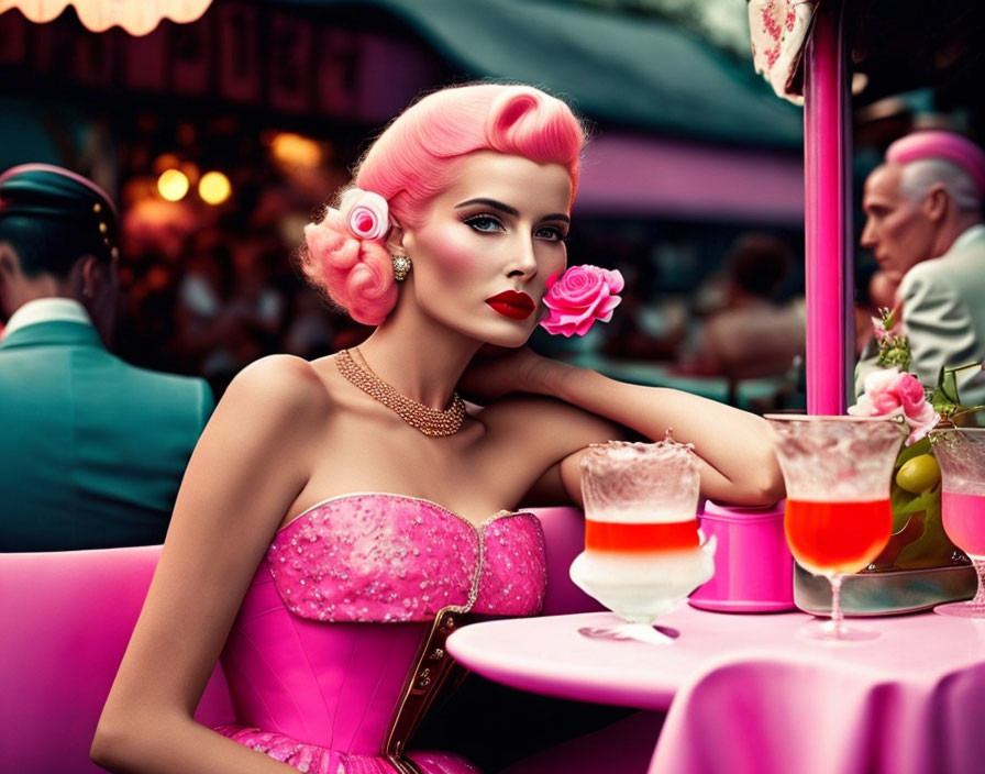 Stylized image: Woman with pink hair in café with colorful drinks
