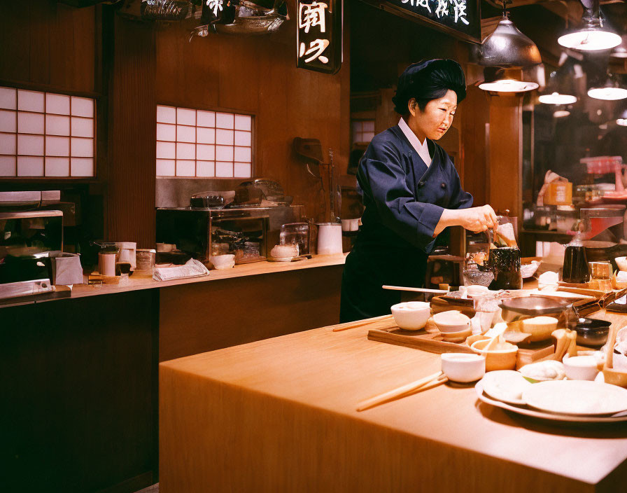 Japanese Chef in Traditional Attire Preparing Sushi in Warmly Lit Restaurant
