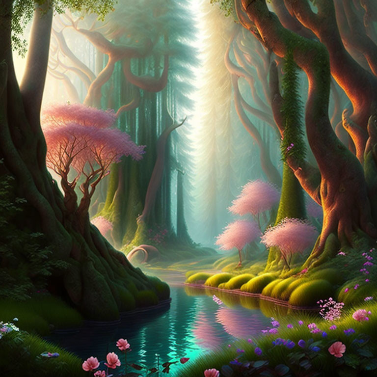 Tranquil Fantasy Forest with Pink Foliage & River