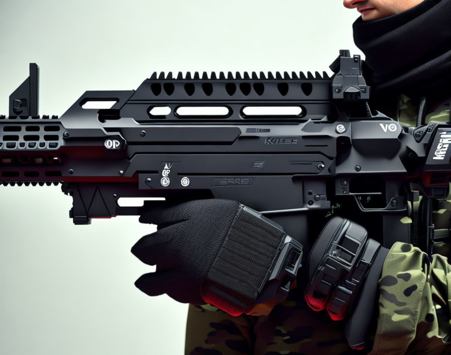 Detailed View of Gloved Hands Holding Modern Tactical Rifle