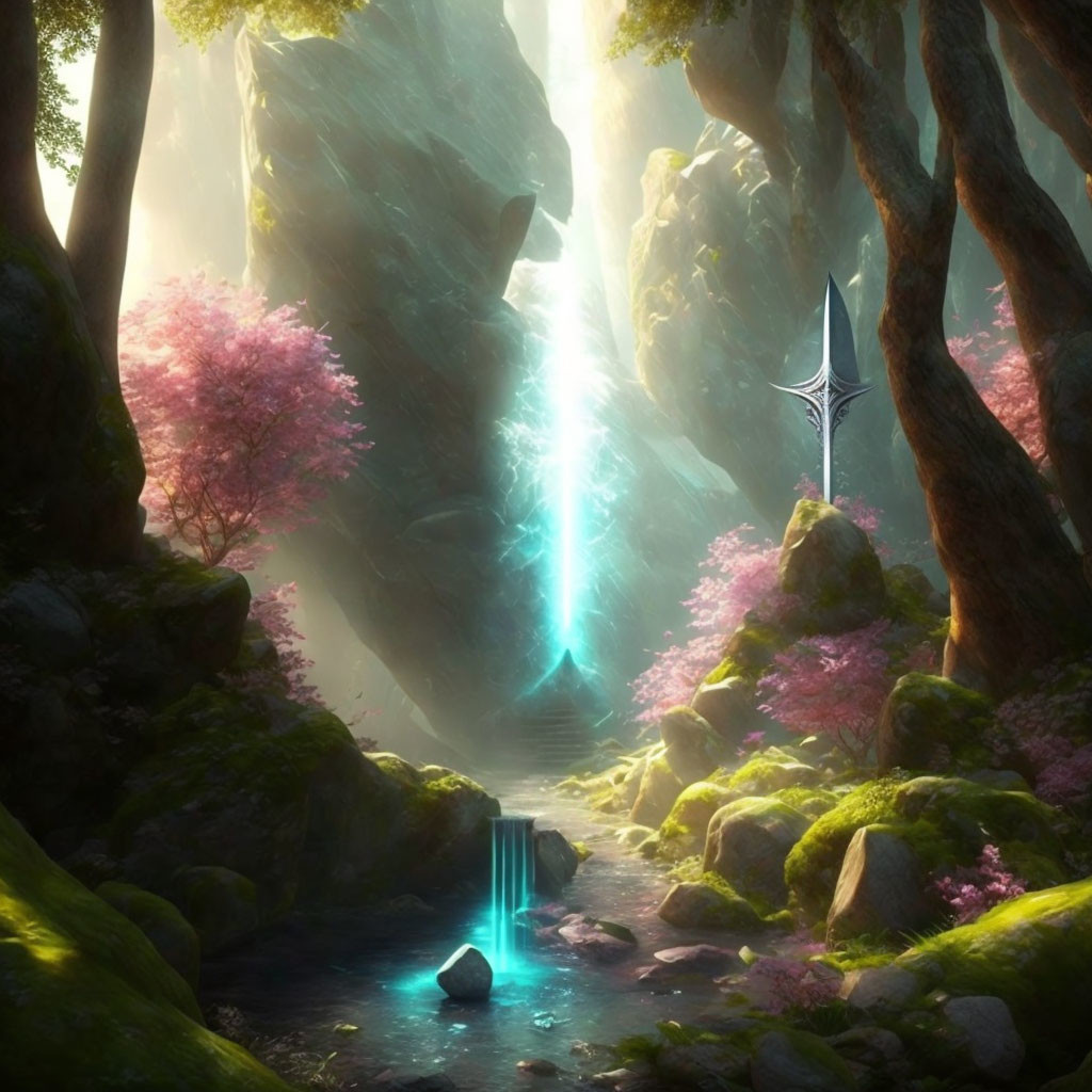 Mystical forest with pink blossoms, waterfall, and towering blue sword