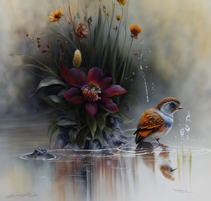 Colorful Bird by Water's Edge with Vibrant Flowers and Reflections