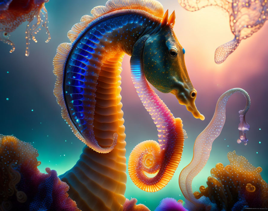 Colorful Seahorse Artwork Surrounded by Jellyfish and Coral