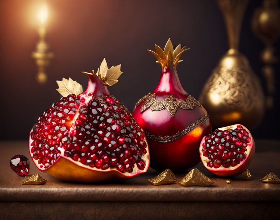 Opulent pomegranates with crowns on dark backdrop and golden objects