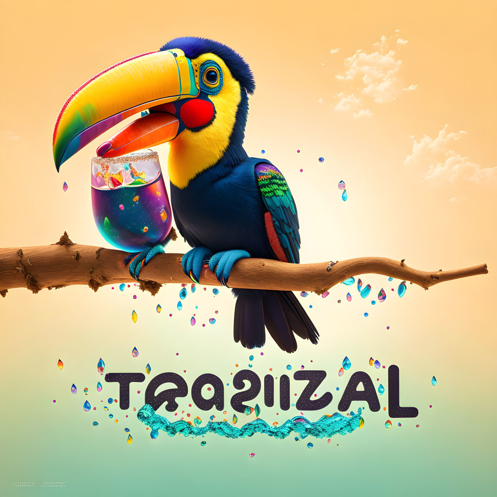 Vibrant toucan on branch with tropical drink and splashing liquid.