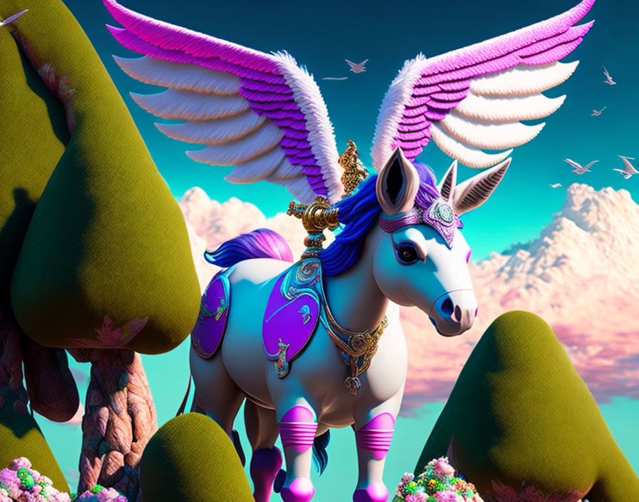 Majestic winged unicorn in vibrant fantasy landscape