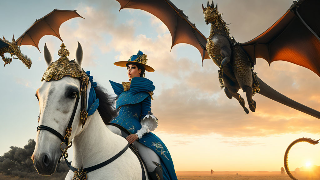 Woman in blue medieval attire rides white horse next to dragon in sunset sky