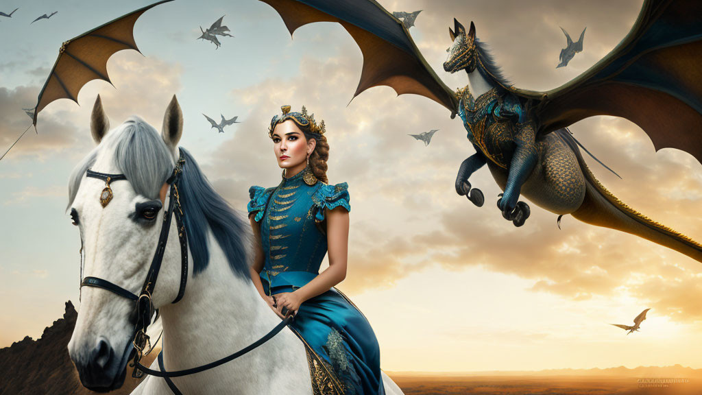 Queen in Blue Dress with Crown on White Horse Beside Dragon