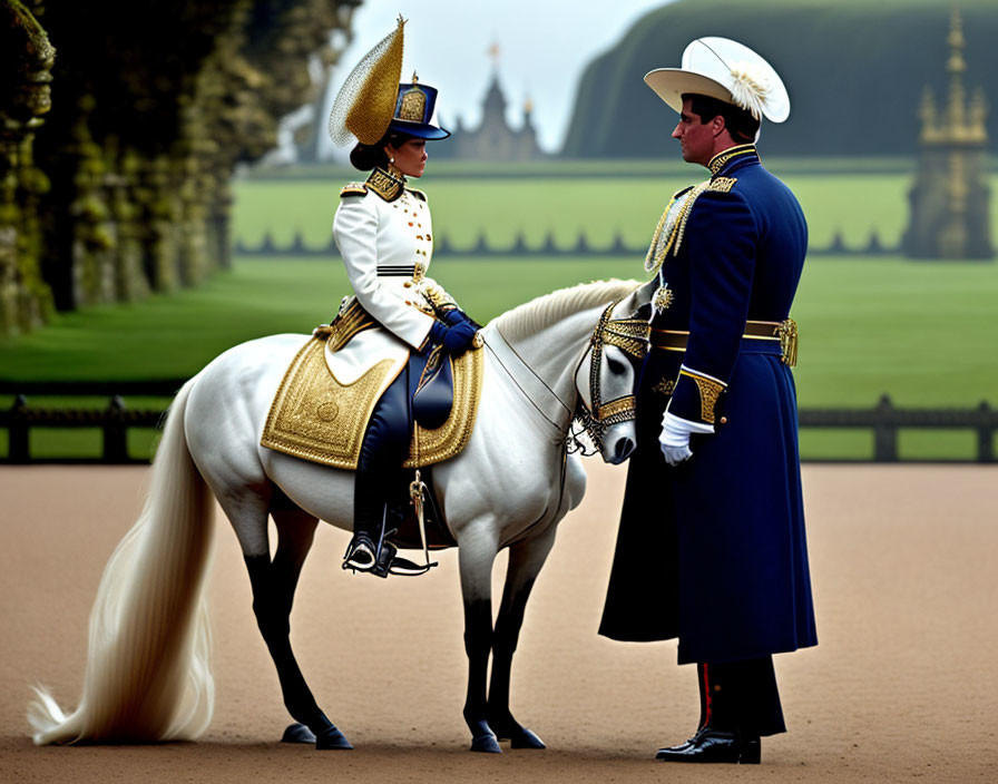 Elaborately uniformed ceremonial guards on horseback at stately residence