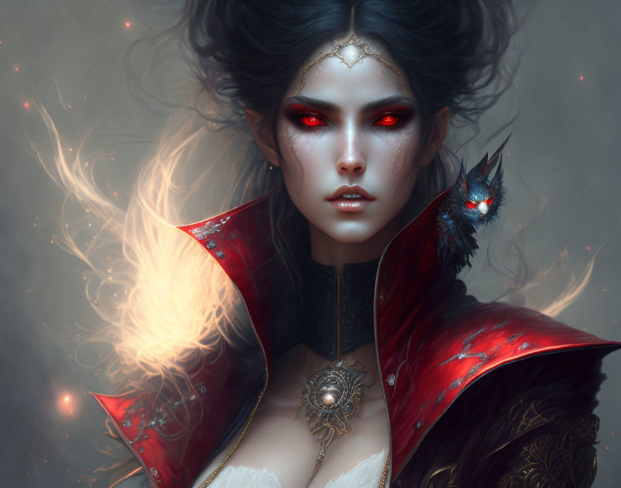 Digital artwork of woman with red eyes, gold headpiece, red high-collared garment, and