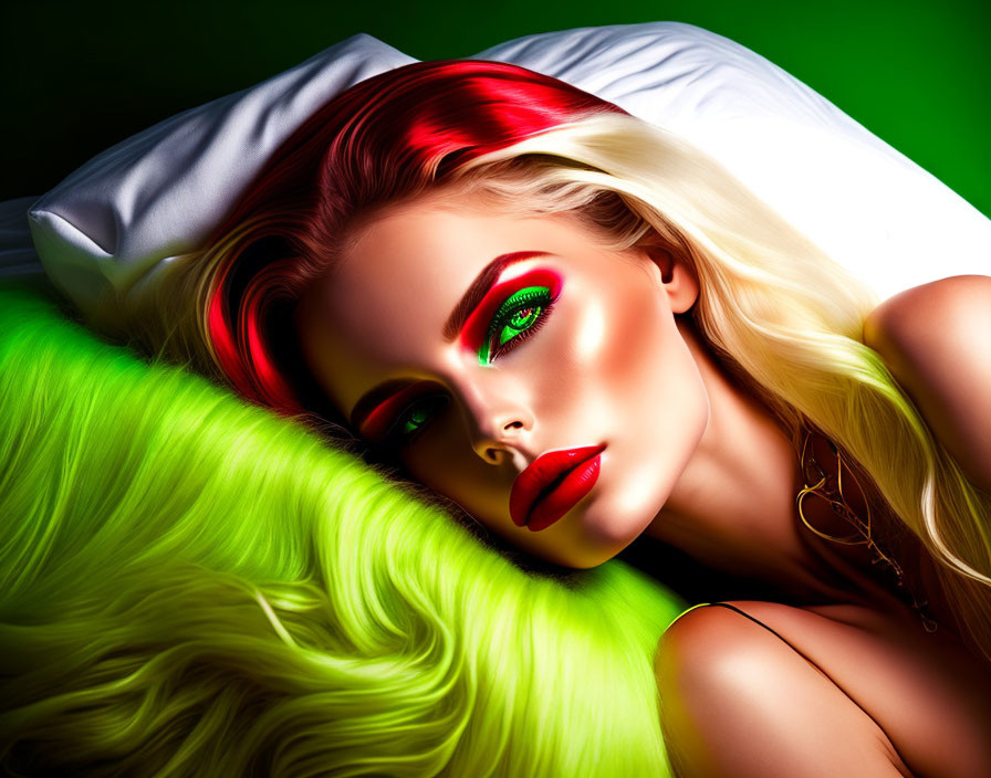 Red-haired woman with green eye makeup and lipstick resting on white pillow and green furry material.