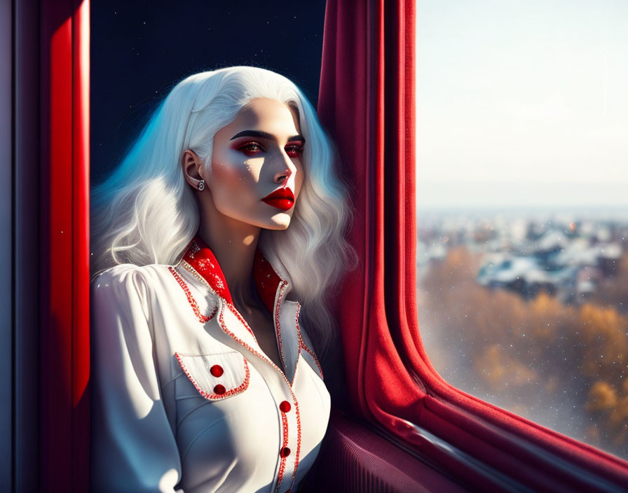 White-Haired Woman with Red Lipstick Contemplates Train Window View