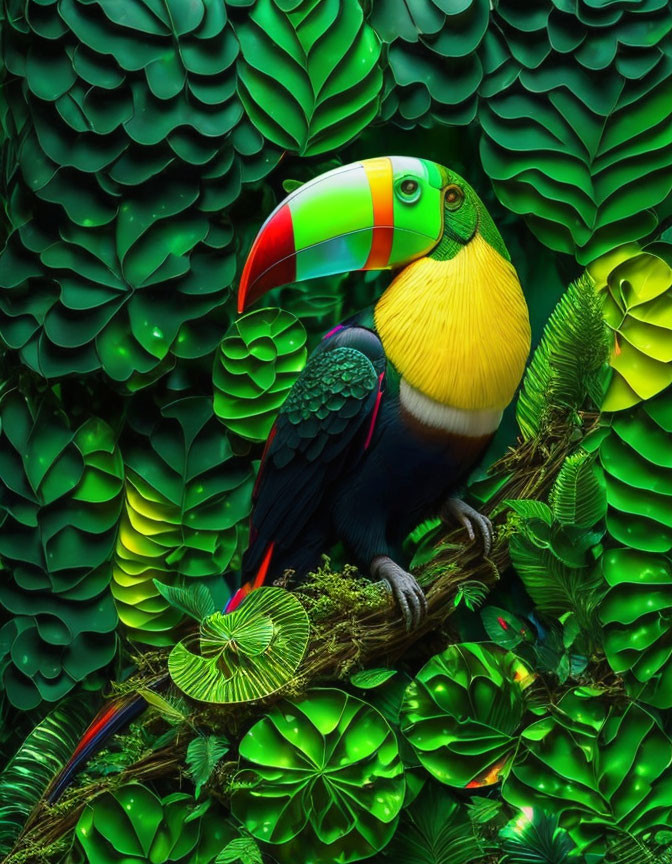 Colorful Toucan Perched on Branch in Lush Foliage
