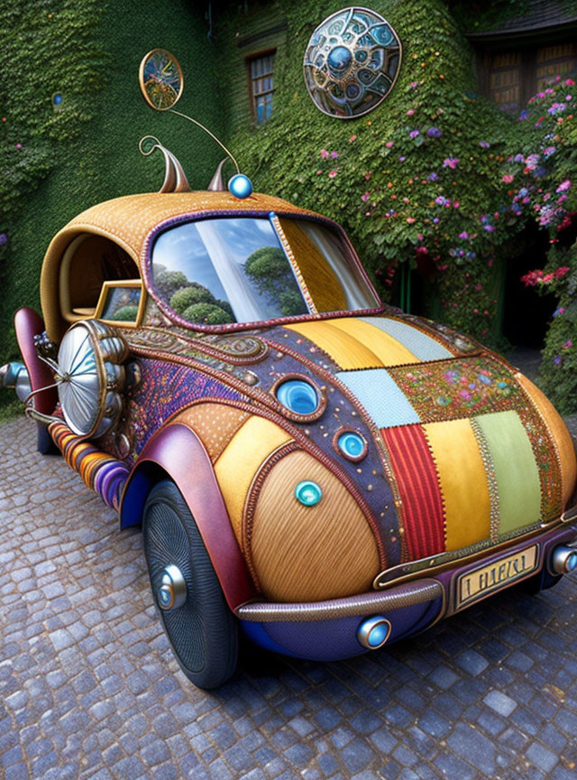 Colorful Patchwork-Patterned Volkswagen Beetle in Lush Garden