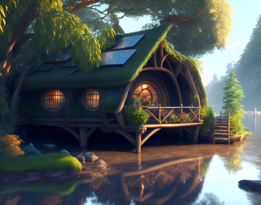 Moss-Covered Cottage with Round Windows by Tranquil River