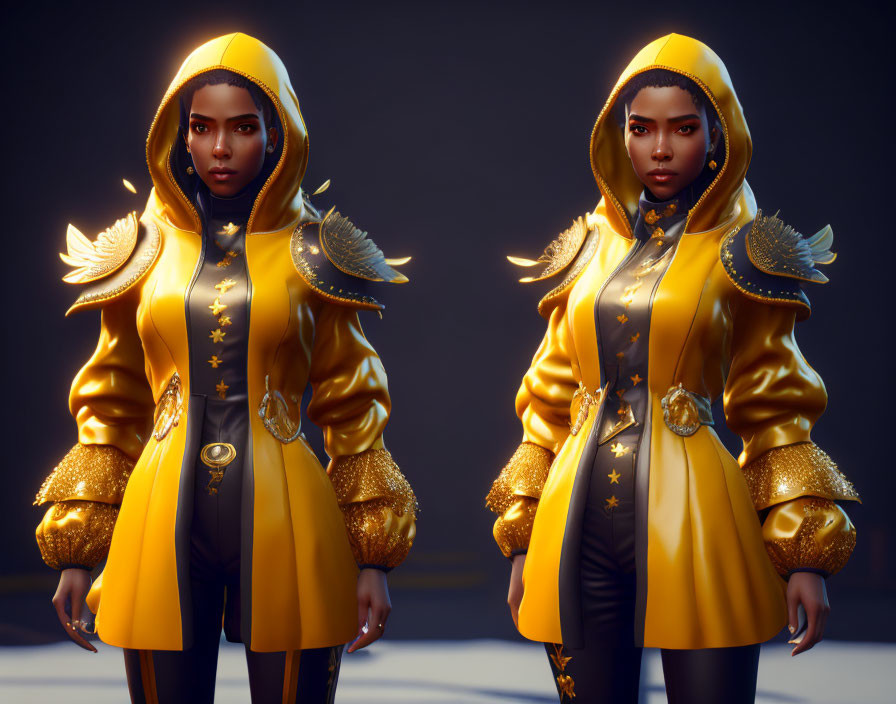 Stylish Woman in Yellow and Gold Hooded Jacket with Shoulder Embellishments