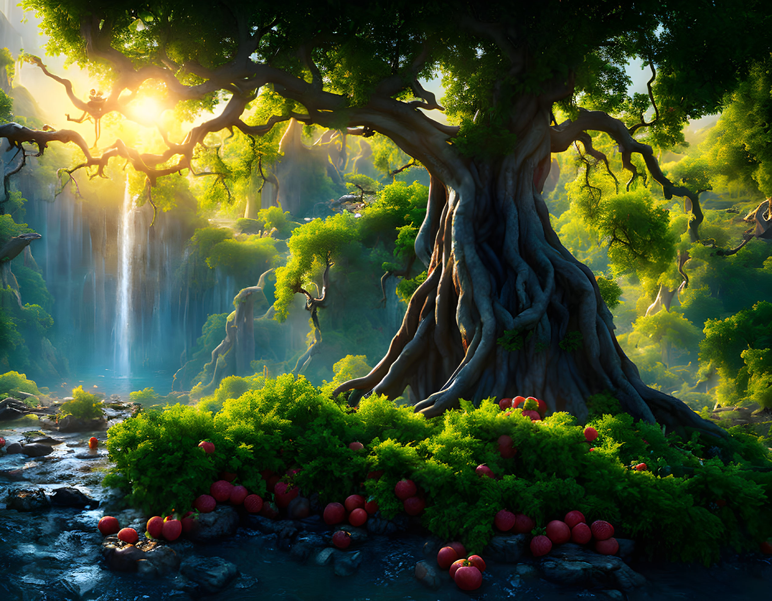 Majestic tree with sprawling roots in lush green forest with waterfall, stream, and red fruits.