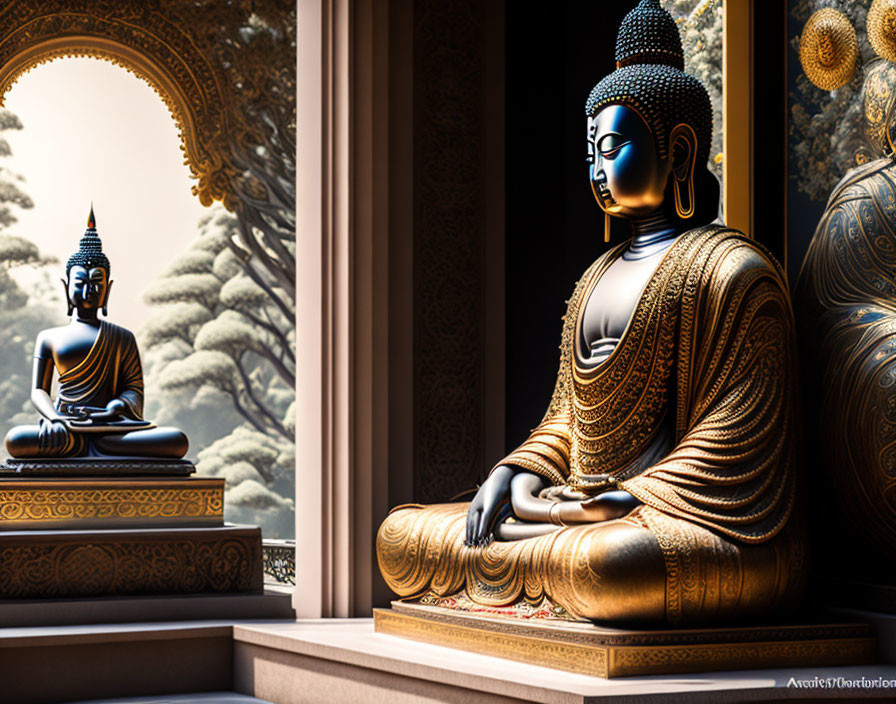 Serene Buddha statues in temple with gold details and circular window