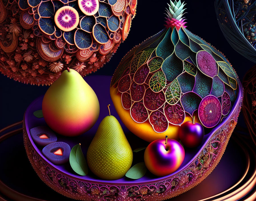 Colorful Fruit and Patterned Spheres on Decorative Platter Artwork