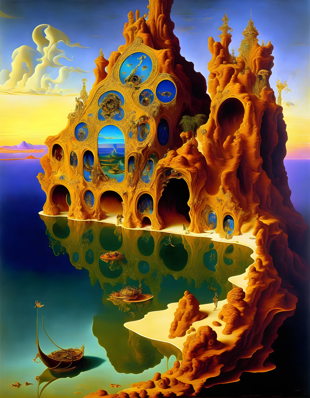 Surreal painting of golden structure with arches and clocks against skiescape