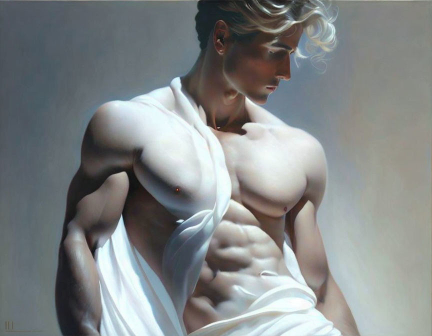 Muscular Man in White Cloth with Contemplative Expression