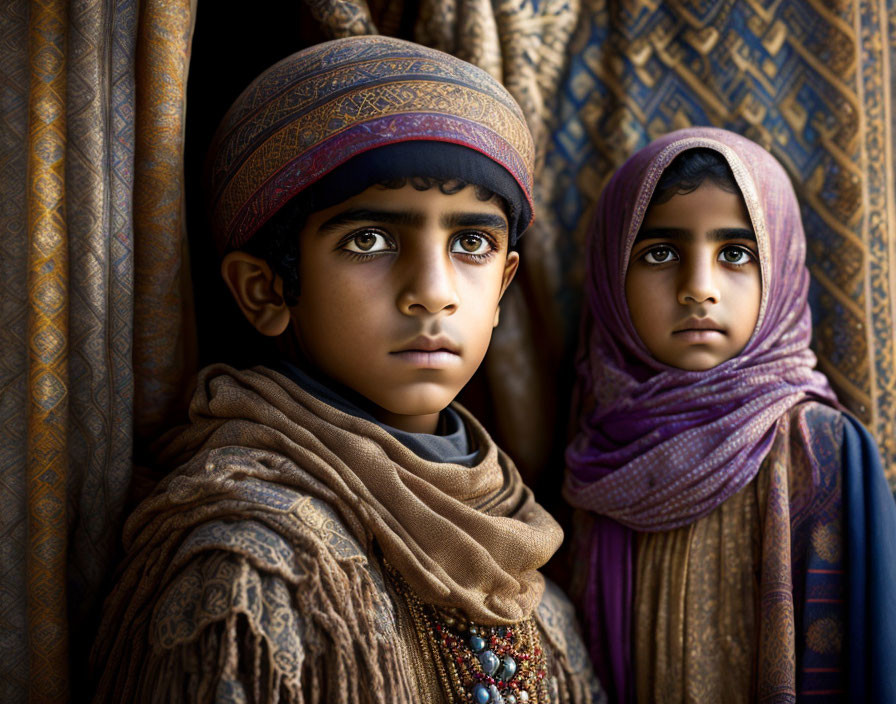 Children in traditional headwear by patterned fabrics with somber expressions