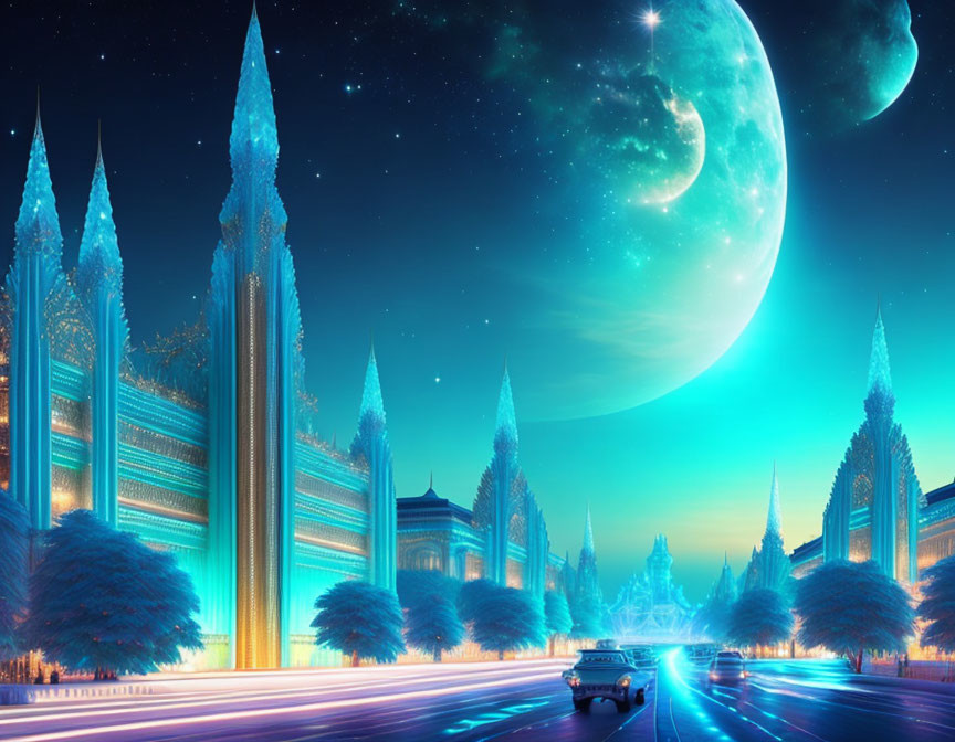 Fantastical cityscape with crystal spires under green moon.