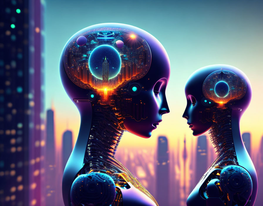 Futuristic androids with illuminated circuitry brains in city skyline setting