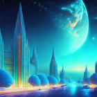 Fantastical cityscape with crystal spires under green moon.