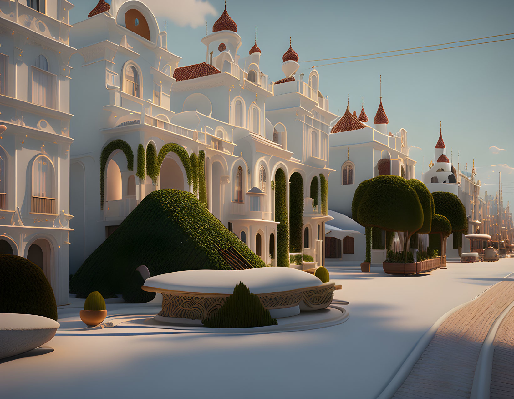 White ornate buildings and dome structures in a fantastical cityscape with vegetation, under warm light.