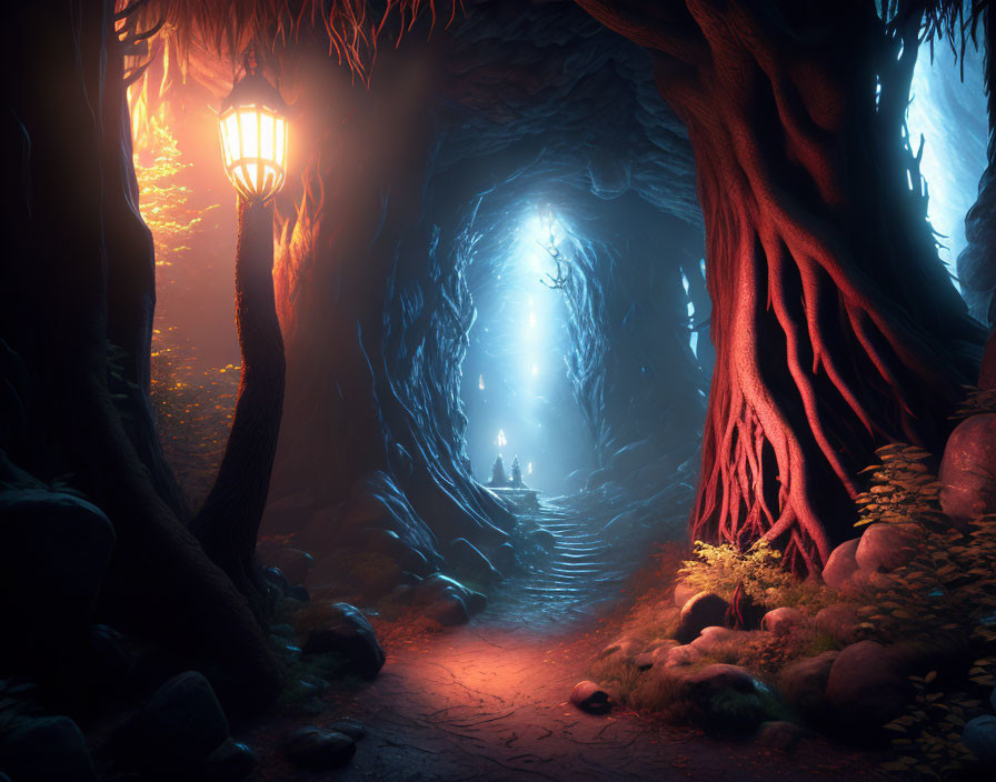 Enchanting forest path to glowing cave entrance surrounded by ancient trees and warm lantern light