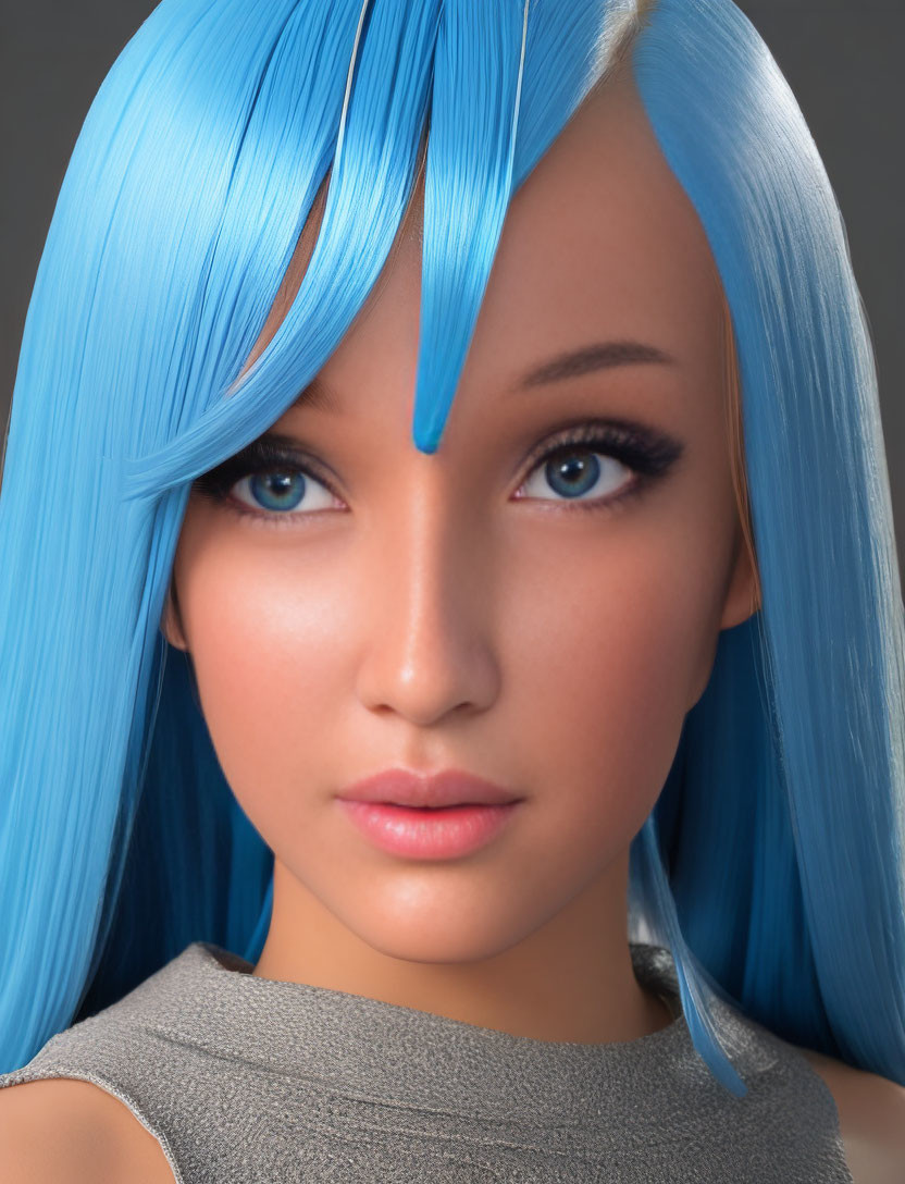 Female digital portrait with blue hair, large eyes, and full lips on gray backdrop