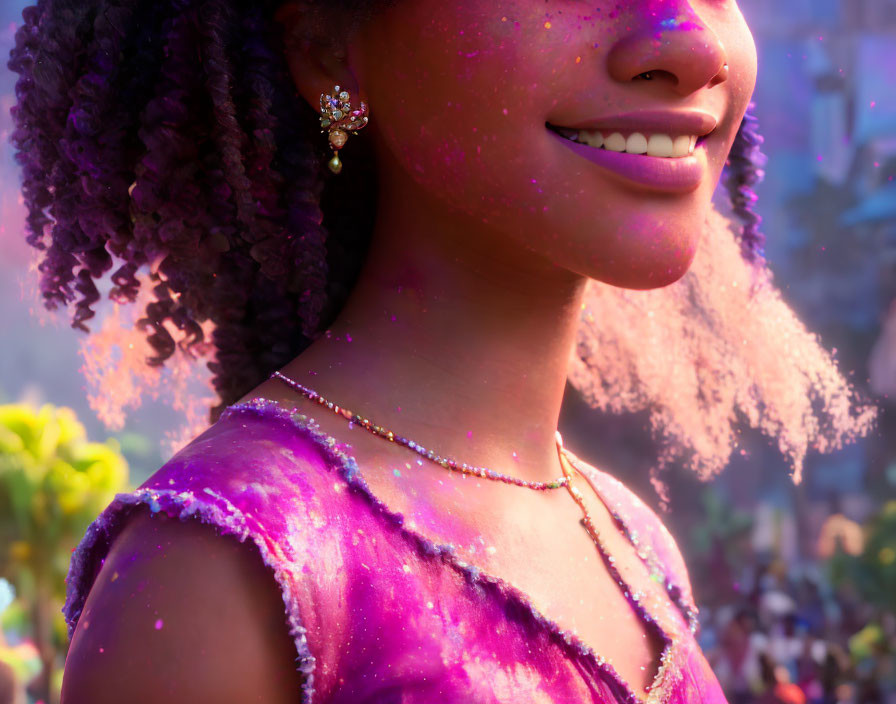 Smiling girl with curly hair in purple outfit under festive ambiance