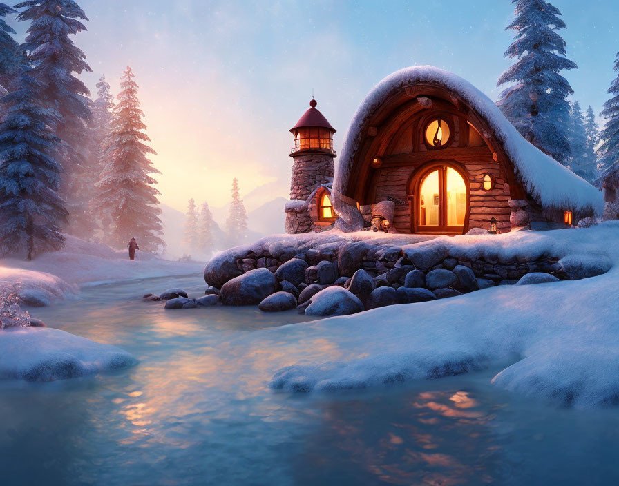 Snowy Riverbank Wooden Cabin with Lanterns at Dusk