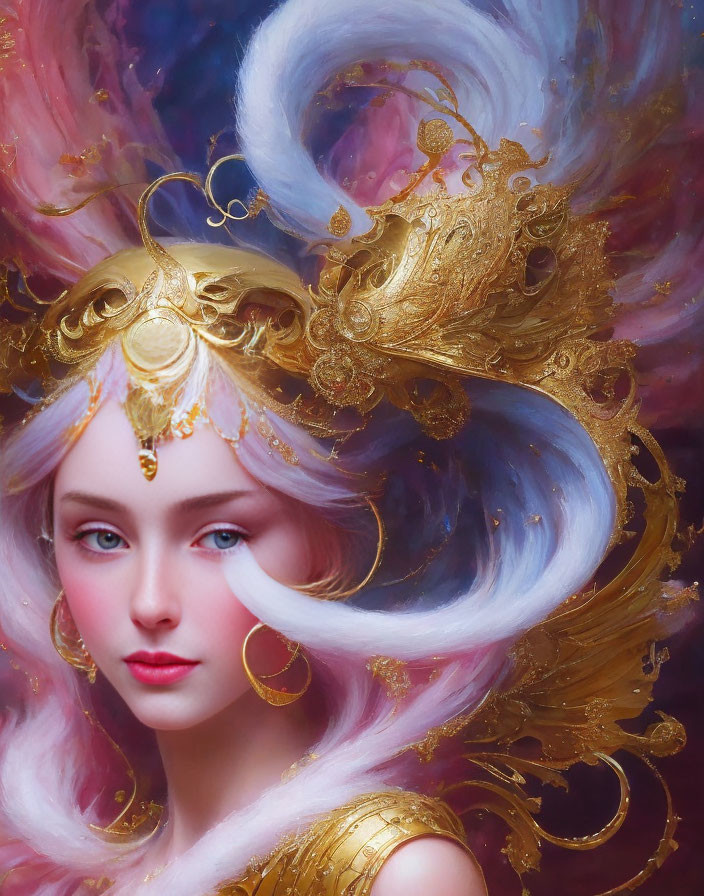 Ethereal woman with porcelain skin and blue eyes in gold headdress surrounded by pastel swirls