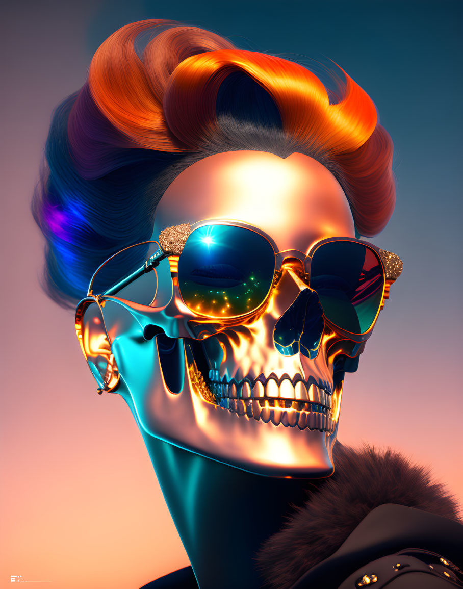Colorful Pompadour Skull with Sunglasses on Gradient Background