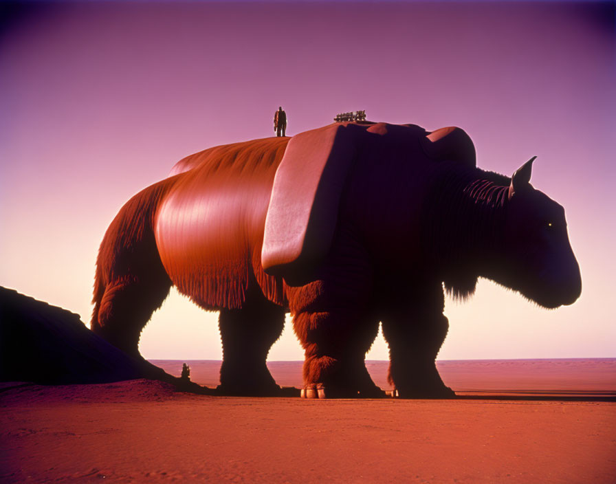 Giant furry rhino-like creature with saddle and people in surreal desert scene