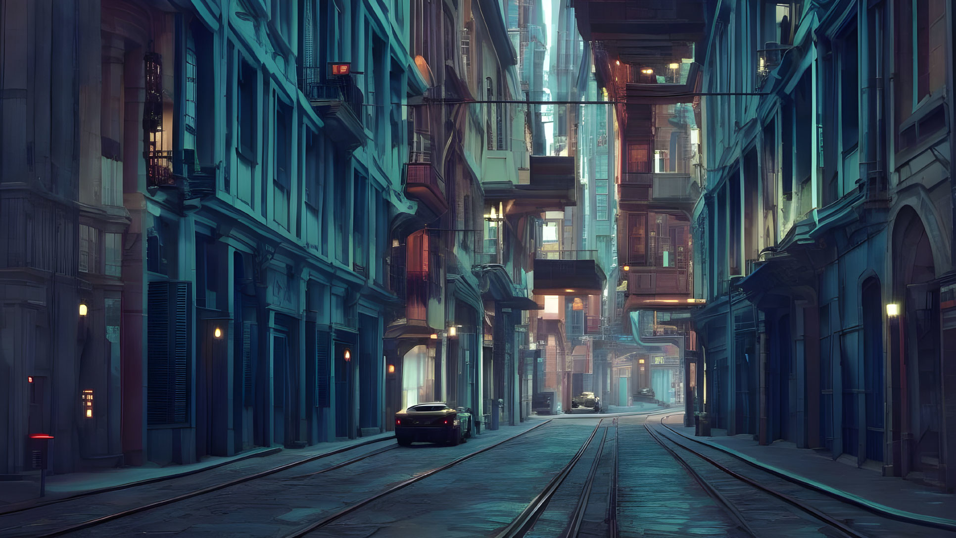 Futuristic city alley at twilight with neon signs, lone car, towering buildings - cyberpunk ambiance