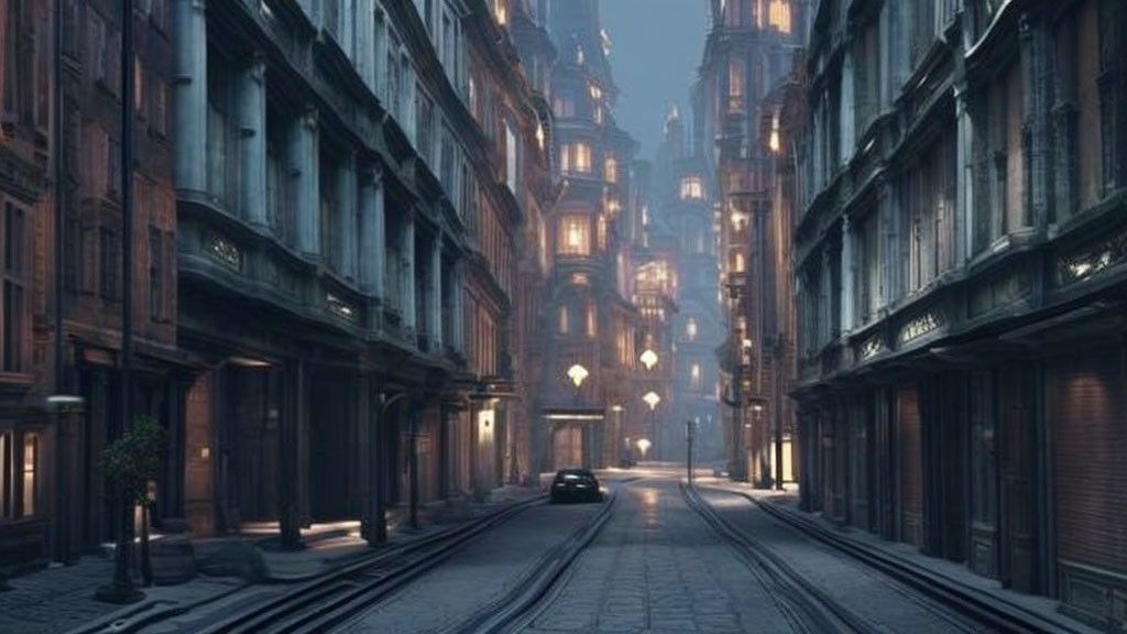 Dimly Lit Cobblestone Street with Ornate Buildings and Car at Twilight