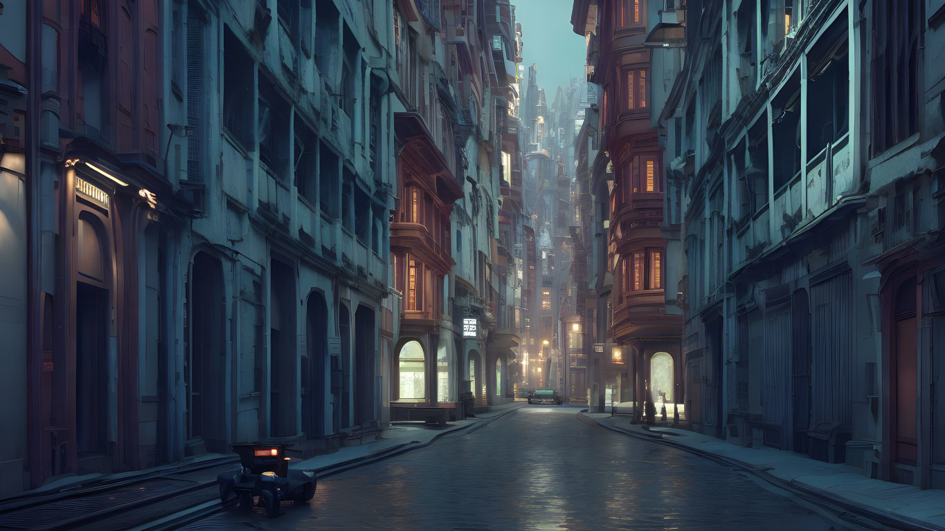 Dusky street scene with towering buildings, fog, and futuristic car