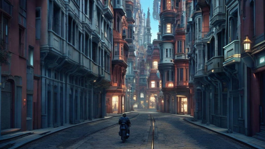 Motorcyclist navigating narrow street with tall ornate buildings at sunset