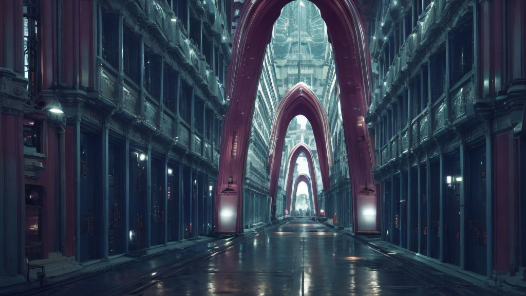 Futuristic corridor with high arched ceilings and metallic structures