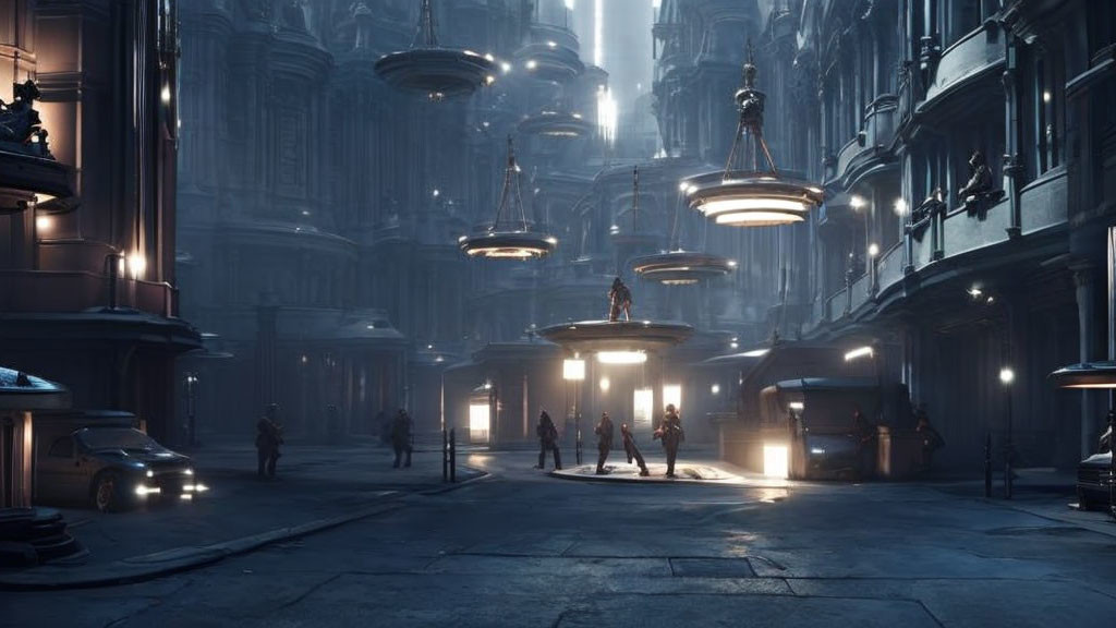 Futuristic cityscape at dusk: towering buildings, flying vehicles, illuminated street lamps, and bustling