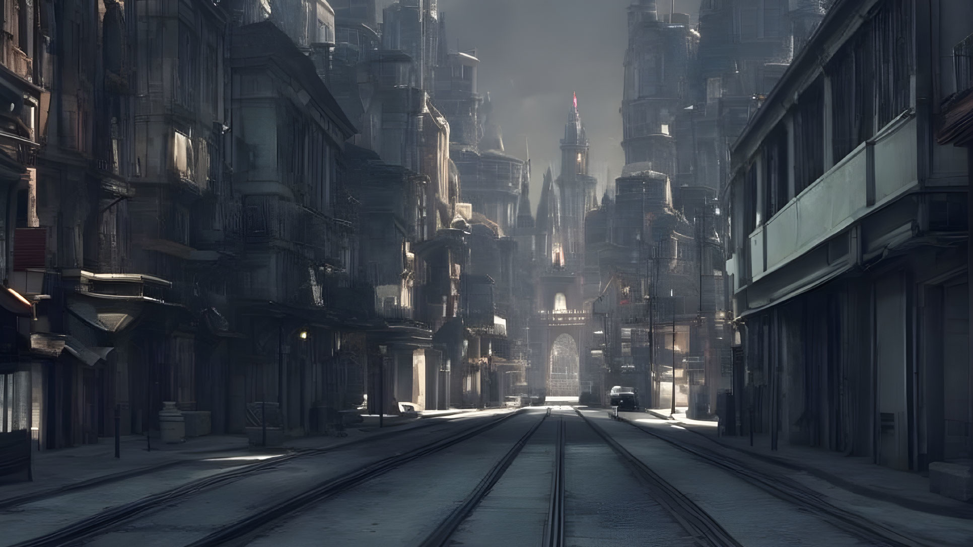 Gothic architecture on urban street with tram tracks under hazy sky