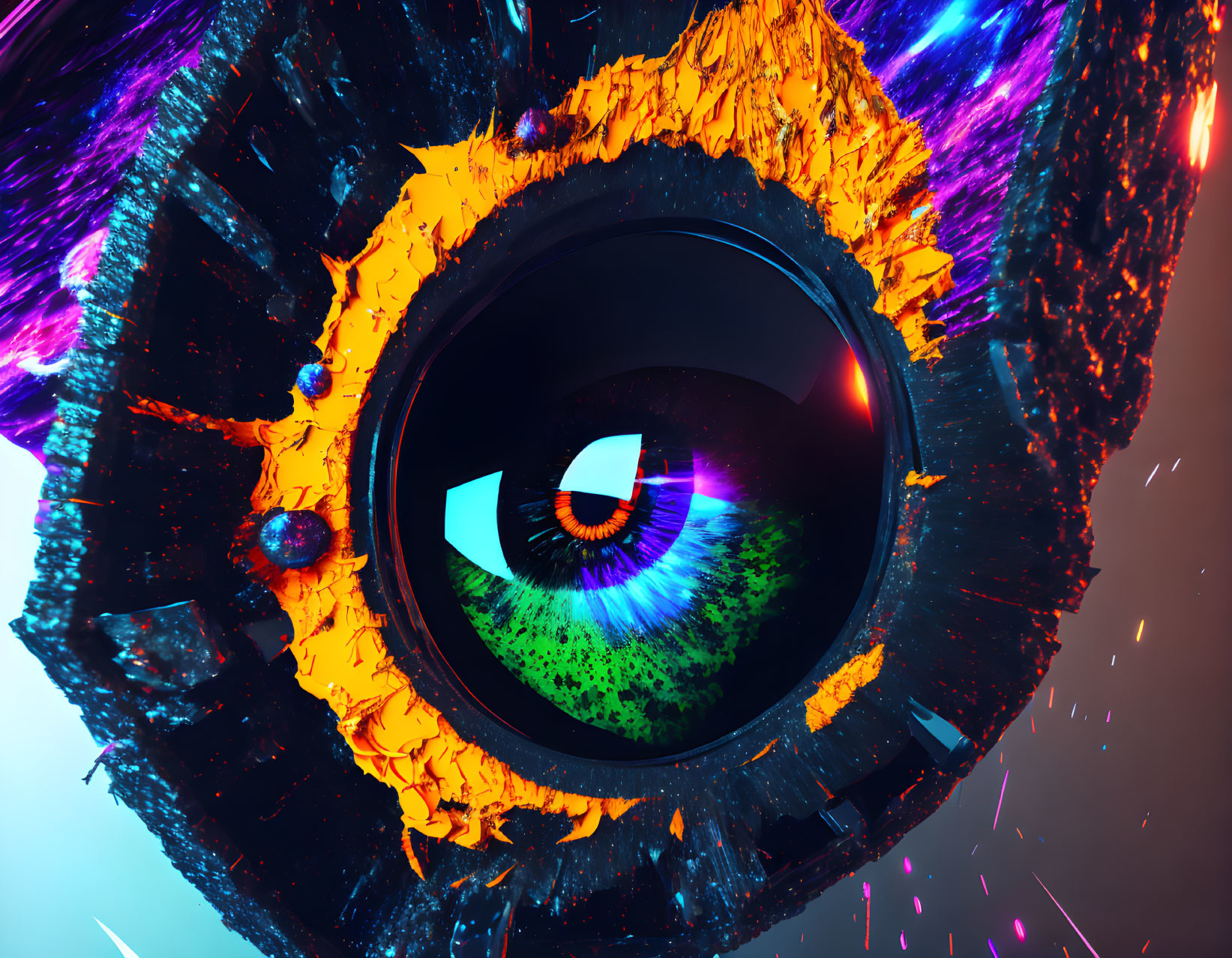 Colorful Digital Artwork: Eye with Fragmented Ring and Cosmic Background