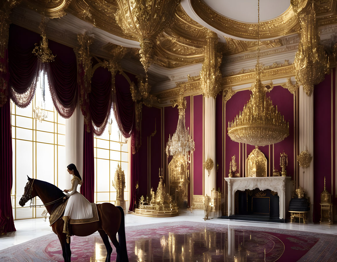 Luxurious room with woman on horse and golden decor
